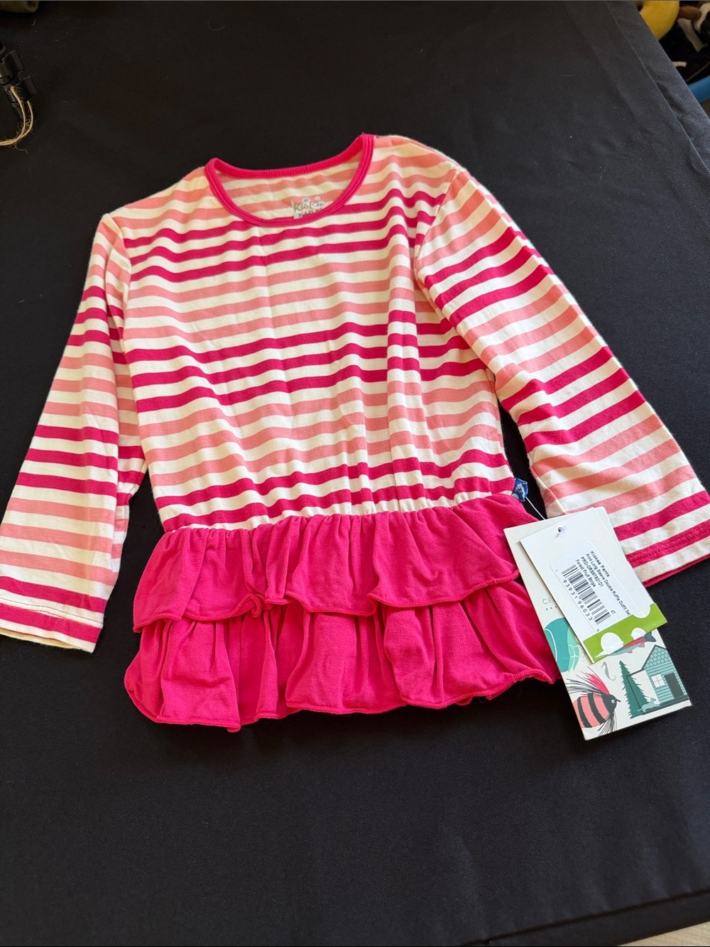 Kickee Pants Pink and Cream Striped Ruffle Hem Long Sleeve Tee